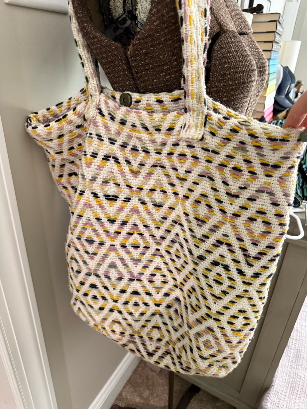 Mossimo Supply Co. White Woven Tote with Pink, Yellow & Black Accents